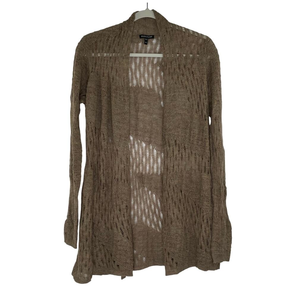 Eileen Fisher brown open knit long cardigan 100% baby alpaca women's size XS